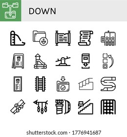 down simple icons set. Contains such icons as Download file, Slide, Download, Scroll, Elevator, Menu, Seesaw, Ladder, Stairs, Arrow, Stair, can be used for web, mobile and logo