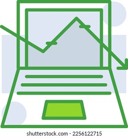 Icono de negocio de Estadísticas de Abajo con estilo duotónico verde. Empresa, moneda, base de datos, desarrollo, descubrimiento, documento, comercio electrónico. Ilustración del vector