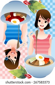 Up and Down Summer Tasty Food - cute young girl eating delicious Korean spicy bibim and mul naengmyeon of different style on bright pink and blue background with chess patterns : vector illustration