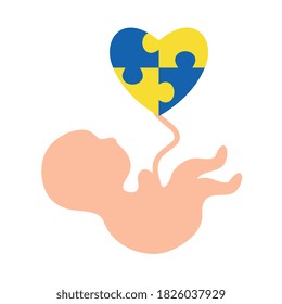 down syndrome baby with puzzles heart flat style icon design, disability support and solidarity theme Vector illustration