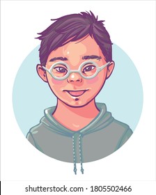 Down Syndrome. Color portrait of a boy with Down syndrome 4-5 years old, a cute smiling boy with glasses in a hoodie. Нand drawn Vector illustration Isolated on white background.
