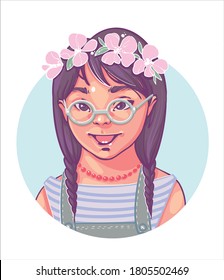 Down Syndrome. Color portrait of a girl with Down Syndrome 4-5 years old, a cute smiling girl with glasses and a wreath of white flowers on her hair. Нand drawn Vector. Isolated on white background.