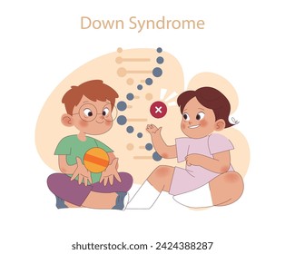 Down Syndrome concept. Children sharing a playful moment, with genetic markers. Awareness and inclusivity in childhood.