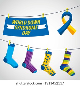 Down syndrome day card blue and yellow ribbon with socks vector digital illustration image