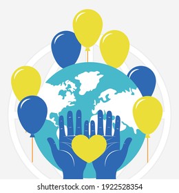 down syndrome day concept, earth planet with balloons around and hands with heart icon over white background, colorful design, vector illustration