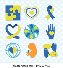 down syndrome day icon set over blue background, colorful design, vector illustration