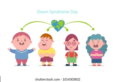 Down Syndrome Day. Vector cartoon flat illustration of children with disabilities. Character boys and girls isolated on white background.