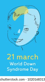 Down syndrome day vector  illustration with boy on blue background