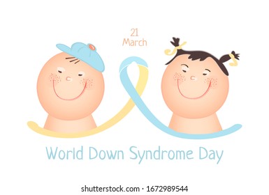 Down Syndrome happy children: boy wearing baseball cap and girl with french braids. Concept of World Down Syndrome Day with awareness ribbon. Isolated on white vector. Greeting card or poster.