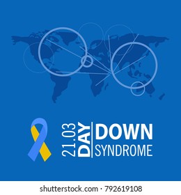 Down syndrome illustration, blue background, dotted map, big ribbon.