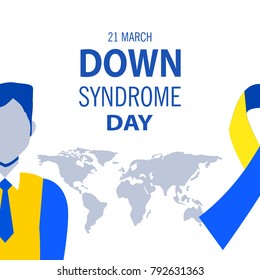 Down syndrome illustration, white background, map, ribbon and man.