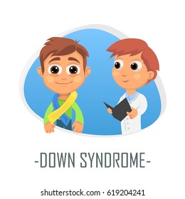 Down syndrome medical concept. Vector illustration. Doctor and patient are talking in the hospital. Isolated on white background.