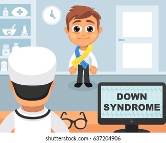 Down syndrome medical concept. Vector illustration. Doctor and patient are talking in the hospital. Isolated on white background.