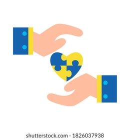 down syndrome puzzles heart between hands flat style icon design, disability support and solidarity theme Vector illustration