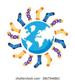 Daunensyndrom-Socken auf der ganzen Welt, flach gezeichnete Vektorgrafik-Design
