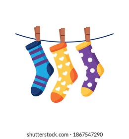 down syndrome socks hanging in wire flat style icon vector illustration design