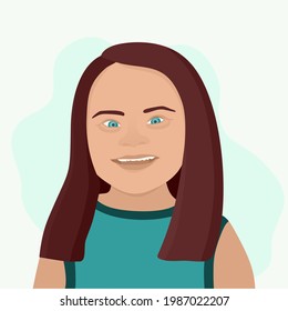 Down Syndrome, Vector Illustration Of A Girl In A Turquoise Blouse On A Light Background.