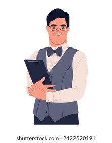 Down Syndrome waiter working in restaurant. Social inclusion concept. Confident man waitress wearing uniform and bow tie standing with digital tablet