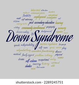 Down syndrome word cloud. Typography design text block. Health and medical issues concept. Composition of words for cognitive development, characteristics, inclusion and support.