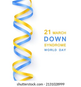 Down syndrome world day 21 March. Yellow and blue ribbons intertwined in the shape of the DNA molecule of the Down syndrome symbol