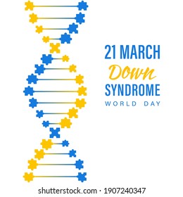 Día mundial del síndrome de Down. ADN de molécula abstracta con rompecabezas azul y amarillo sobre un fondo blanco. El 21 de marzo es el Día Mundial del Síndrome de Down. 