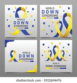 Down syndrome world day vector poster with blue and yellow ribbon. Social poster 21 March World Down Syndrome Day.