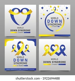 Down syndrome world day vector poster with blue and yellow ribbon. Social poster 21 March World Down Syndrome Day.