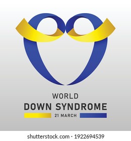 Down syndrome world day vector poster with blue and yellow ribbon. Social poster 21 March World Down Syndrome Day.
