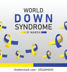 Down syndrome world day vector poster with blue and yellow ribbon. Social poster 21 March World Down Syndrome Day.