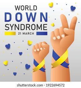 Afiche vectorial del Día Mundial del Síndrome de Down con cinta azul y amarilla. Afiche social 21 de marzo Día Mundial del Síndrome de Down.
