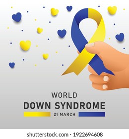 Down syndrome world day vector poster with blue and yellow ribbon. Social poster 21 March World Down Syndrome Day.