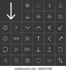 down, thin line arrow icon set for use in different applications, media libraries. On a gray background