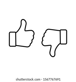 Up and down thumbs icon. Thumbs up and thumbs down. Approve and disapprove. Like icon and dislike black color simple stroke outline thin line design. Vector icons set isolated on white background