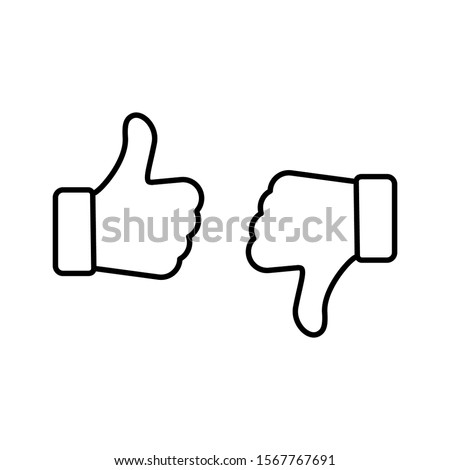 Up and down thumbs icon. Thumbs up and thumbs down. Approve and disapprove. Like icon and dislike black color simple stroke outline thin line design. Vector icons set isolated on white background