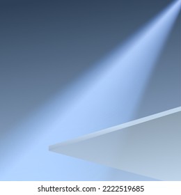 Down top view to podium. Ray of light on backdrop. Studio for product display with copy space. Vector illustration.