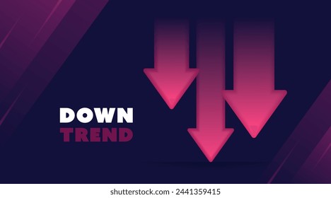 Tendencia hacia abajo con flechas 3d aisladas sobre fondo azul con efecto brillante. Las flechas se caen y, por lo tanto, muestran la pérdida de activos. Concepto de bolsa. Pérdida del operador. Ilustración vectorial.