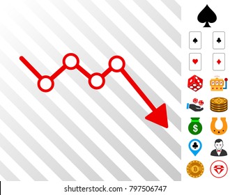 Down Trend Arrow pictograph with bonus casino images. Vector illustration style is flat iconic symbols. Designed for gambling gui.