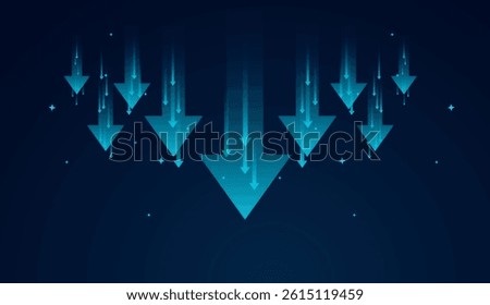 Down trend arrows ascend against a dark blue background, symbolizing progress, falling down, and rising momentum. vector illustration