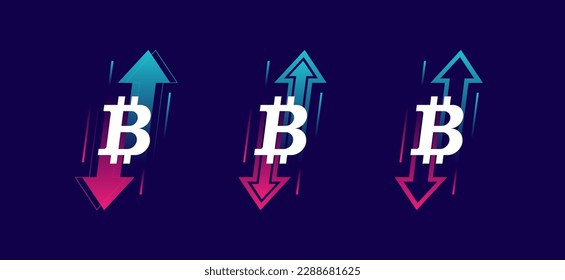 Flechas de tendencia arriba y abajo con signo de bitcoin aislado en el fondo oscuro. Dos flechas con diferentes direcciones arriba y abajo. Concepto de operaciones criptográficas, ganancia y pérdida del comerciante, ascenso y caída.
