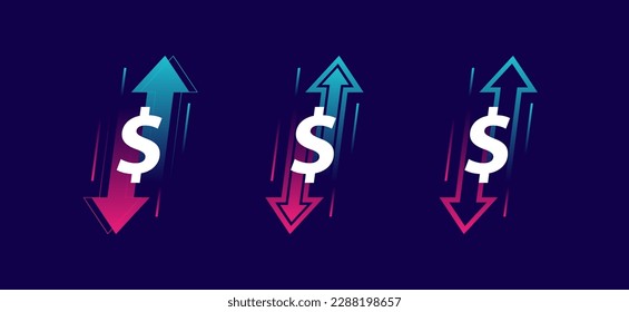 Up and down trend arrows with dollar sign isolated on dark background. Two arrows with different directions up and down. Concept of stock exchange, trader profit and loss, rise and fall.