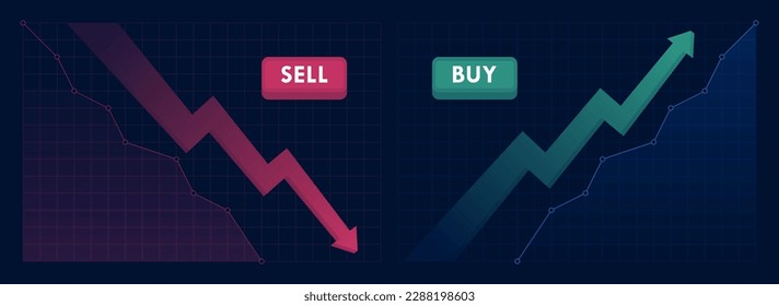 Up and down trend with arrows and graph isolated on dark background. Falling and rising graph with buy and sell buttons. Stock exchange concept. Trader profit and loss. Vector illustration. svg