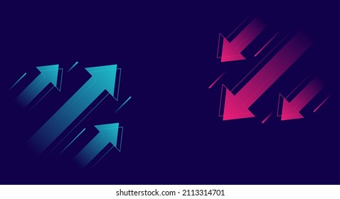 Up and down trend with arrows isolated on dark background. Stock exchange concept. Trader profit and loss. Vector illustration.