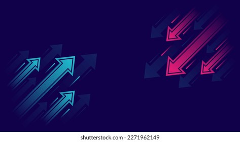 Up and down trend with arrows isolated on dark background. Stock exchange concept. Trader profit and loss. Vector illustration.