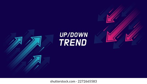 Up and down trend with arrows isolated on dark background. Stock exchange concept. Trader profit and loss. Vector illustration.