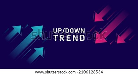 Up and down trend with arrows isolated on dark background. Stock exchange concept. Trader profit and loss. Vector illustration.