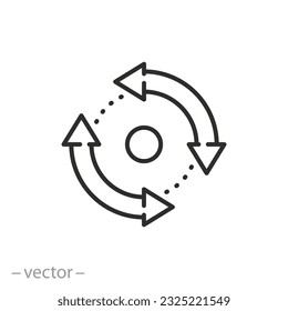 icono de giro hacia abajo o hacia arriba, eje de rotación, flechas hacia delante o hacia atrás, símbolo de línea delgada - ilustración de vector de trazo editable