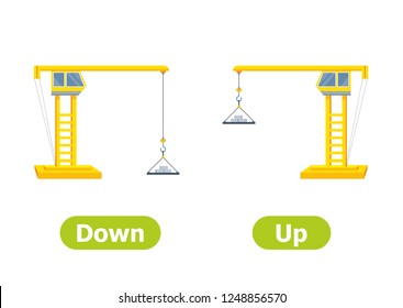 DOWN and UP. Antonyms and opposites. Card for children, teaching aid for a English language learning. 