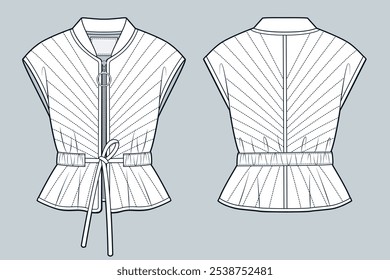 Down Vest Jacket moda técnica Ilustração. Modelo de desenho técnico plano de moda de jaqueta acolchoado, sem mangas, cintura cordão, zíper, vista frontal e traseira, branco, mulheres, homens, maquete CAD unisex