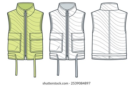 Down Vest Jacket moda técnica Ilustração. Modelo de desenho técnico plano de moda sem mangas Jacket, bolsos patch, zíper, frente e vista traseira, branco, amarelo, mulheres, homens, conjunto de maquete CAD unissex.