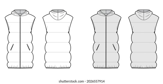 Down vest puffer Hooded waistcoat technical fashion illustration with sleeveless, pockets, hip length, wide quilting. Flat template front, back, white, grey color style. Women, men, unisex CAD mockup